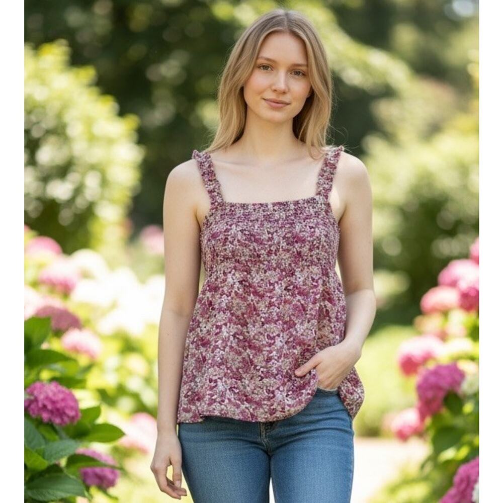 Joie Floral Smocked Top S Pink White Cotton Lettuce Hem Cottagecore Y2K Romantic